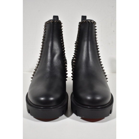 Christian Louboutin Out Lina Spike Lug Flat Black Calf Chelsea Ankle Boot 37.5 - Picture 5 of 12